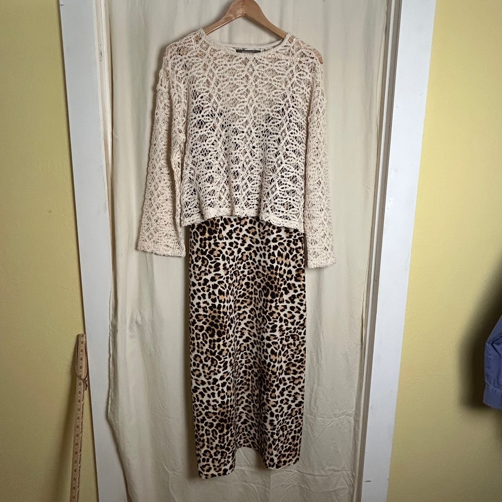 Primark Leopard Print Slip Dress & Cream Crochet Lace Sweater Set Womens 12